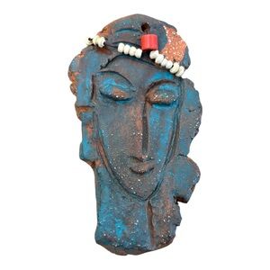 Handmade Signed Clay Face Brooch Folk Art Boho Statement Pin 4”